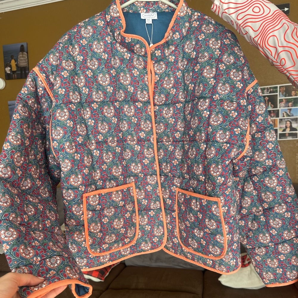 Mud Pie Blue Floral Jacket with Orange Accents